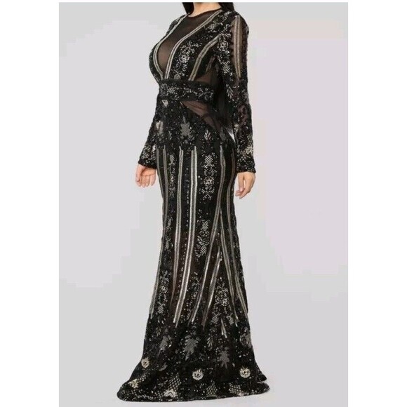Fashion Nova Dress Black Gold Sequin Floral Embroidered Evening Gown Size Small - Picture 3 of 16